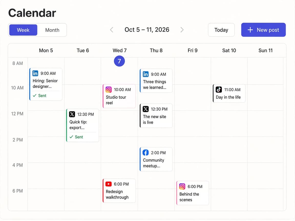 A week view of the PostGic calendar with posts scheduled across LinkedIn, X, Instagram, Facebook, TikTok and YouTube.