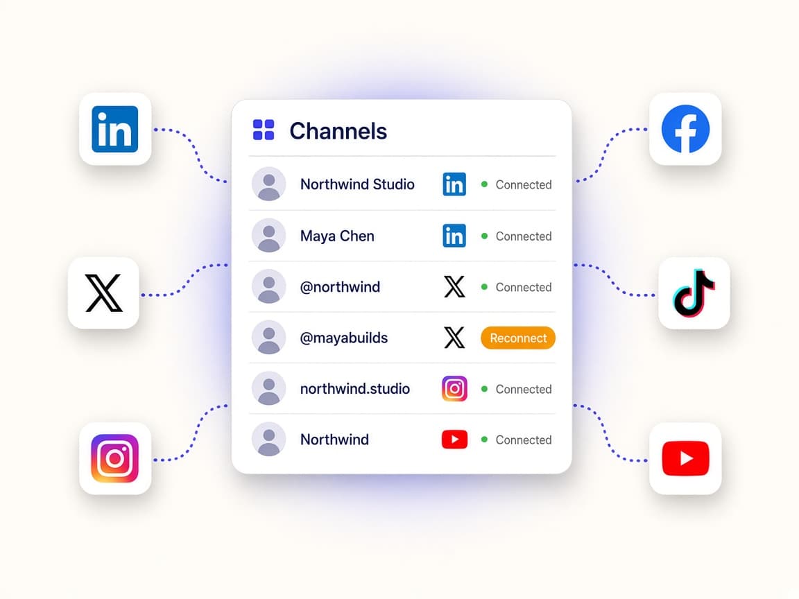 A list of connected channels in PostGic, including two LinkedIn and two X accounts, with one account flagged to reconnect.