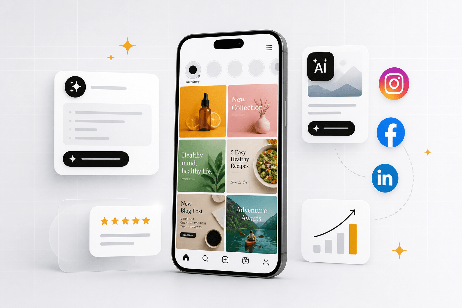 AI social media post generator free trial showing promotional creatives on a phone