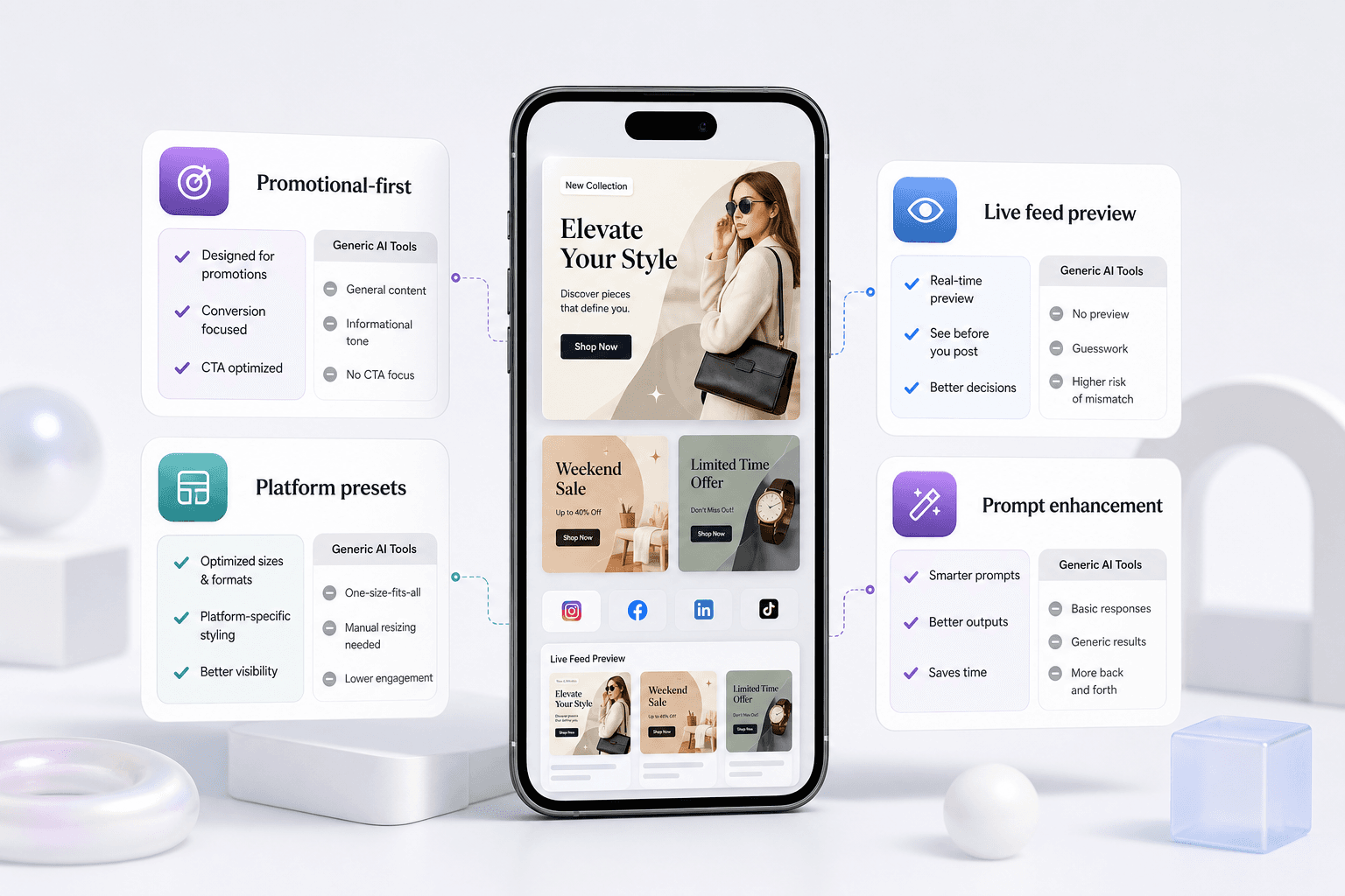 Why Postgic is different from other AI social media generators — promotional-first workflow comparison